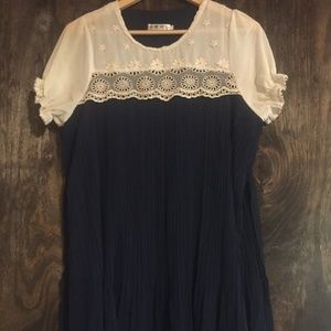 Navy Ivory Lace Pleated Tie Back Boutique Dress